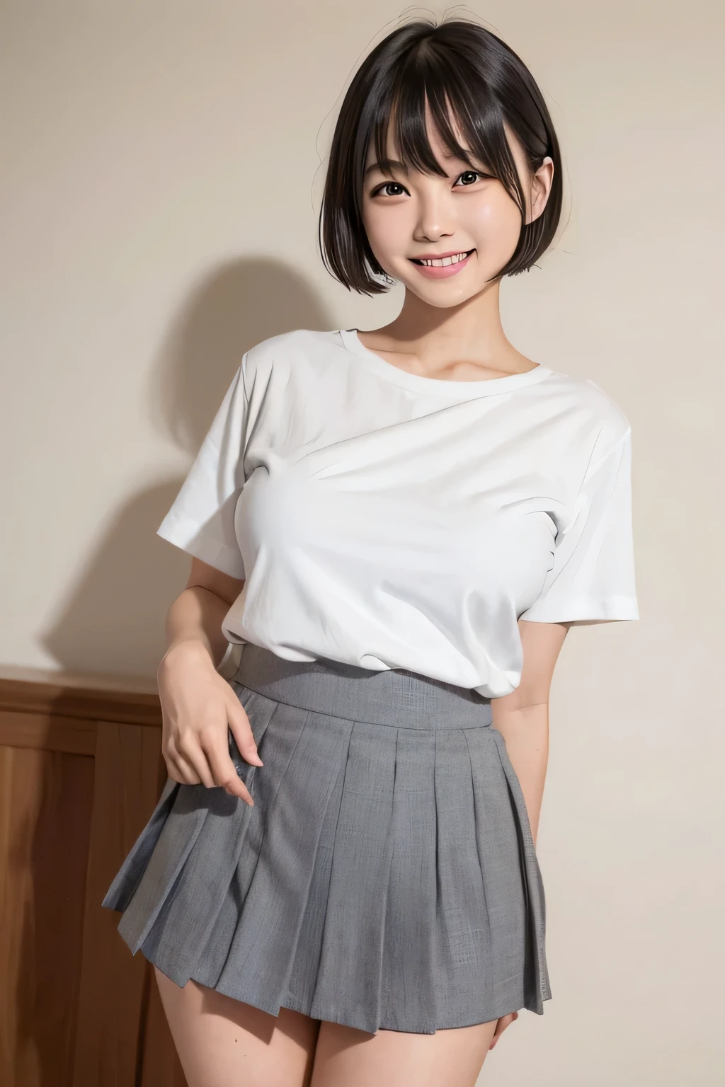 (narrow eyes:1.4), frontal shot , From the middle , (black eye), (japanese woman), 1 girl, (small eyes:1.4), very beautiful 17 year old girl, beautiful breasts:1.5, (highly detailed eyes:1.2), (beautiful breasts:1.1), short hair, bangs, (thick legs:1.2, huge hips:1.2, thick thighs:1.2), big breasts, perfect skin, Fair skin, tight waist, alone, looking at the viewer, (laughter:1.2), (smile:1.3), (White Y-shirt、dark grey pleated skirt)