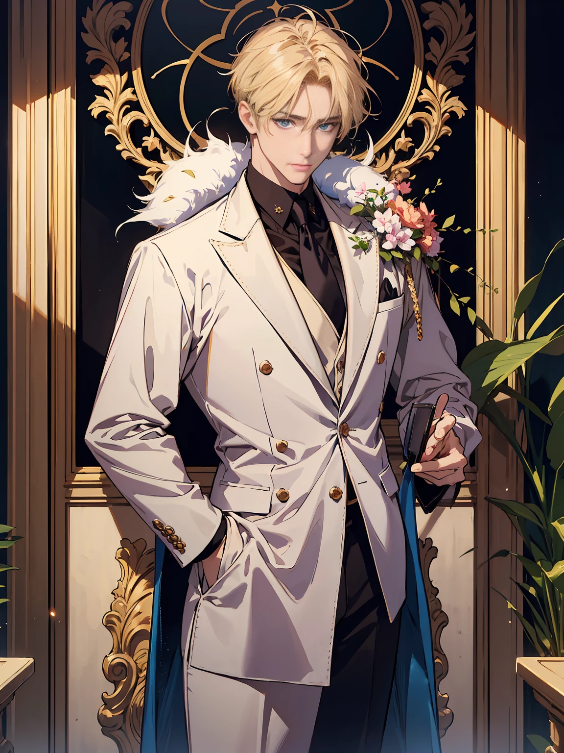 {(best quality, 8k, masterpiece, HDR, soft lighting, perfect image, digital illustration, manhwa art, hyper detailed image, perfect lines, realistic)}Constantine the Great, Roman Emperor Constantine the Great resurrected in modern times。34 years old。one adult male。Long body。broad shoulder。thick neck。eyes like a lion。Bright and sharp eyes。Looking here。Sincere and kind。Kind and reliable。Deal with it sternly if necessary.。talented and hardworking businessman。successful gentleman。careerist。he is wearing a high quality white suit。dark purple tie。Light purple shirt。forceful。An overwhelming sense of control。romance novel hero。Bold composition。look up to。lyrical。Dramatic。heartful。Romantic。Travel situation。Exotic。opulent。elegan。elegance。Background of Constantine in Algeria reflected in the sunset。masterpiece。top-quality。Super beautiful。The ultra -The high-definition。detaileds。exquisite。, short blonde hair, blue eyes, olive skin, clothes luxurious (imposing posture, smiling), {(black background with golden sparkles)}