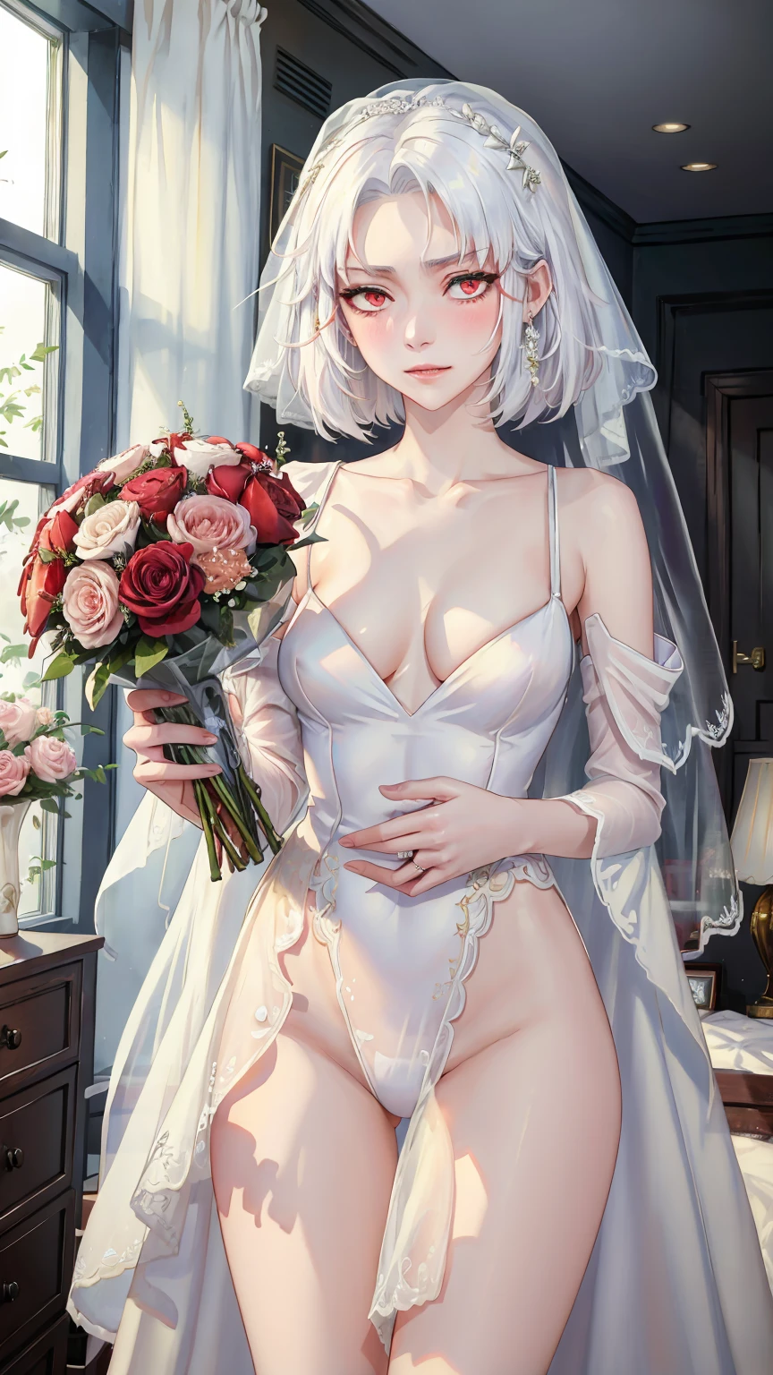 ((((masterpiece, best quality, high resolution)))), (1girl:1.5), ((short hair, white hair, red eyes, sharp eyes)), (average breasts:1.2), blush, (blushing, embarrassed), glow, thighs, bare shoulders, collarbone, narrow waist, (slender body figure), (beautiful detailed face, beautiful detailed eyes), ((bridal gown, bridal veil)), (holding bouquet), (standing up), looking at viewer, bedroom, (cowboy shot)