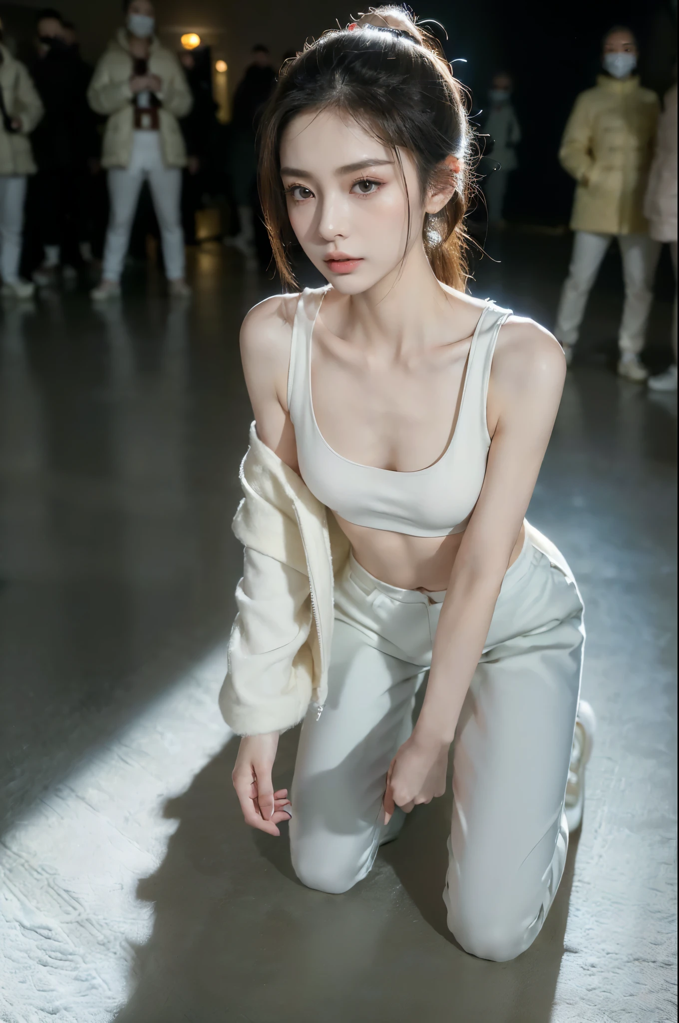 ((((8k))),((Extremely meticulous CG)) ,(wallpaper),16k,((Extremely refined and beautiful)),(((Masterpiece))),(((best qualtiy))),(((Ultra High Resolution))),beautiful light up,Perfect lightning,realistic shaded,[A high resolution],(Smooth and flawless fair skin:1.5),(pale skin:1.3),Extremely exquisite facial details,(perfect body:1.1),ultra-detailed,A beautiful girl,solo,small head,(short ponytail:1.1),small face,Exquisite makeup,(small breasts:1.5),flat chests,slim,thin,(face with medical mask:1.2),(winter coat:1.3),(underneath the coat was tank top:1.2),(slender legs:1.2),(pants:1.2),(sneakers:1.1),(night scene:1.5),indoor,(In the museum:1.3),(Chinese cultural relics:1.3),(detailed background:1.5),(kneeling on the floor:1.3),(full body:1.2),(from front:1.3),(Surrounded by crowded crowds:1.5)