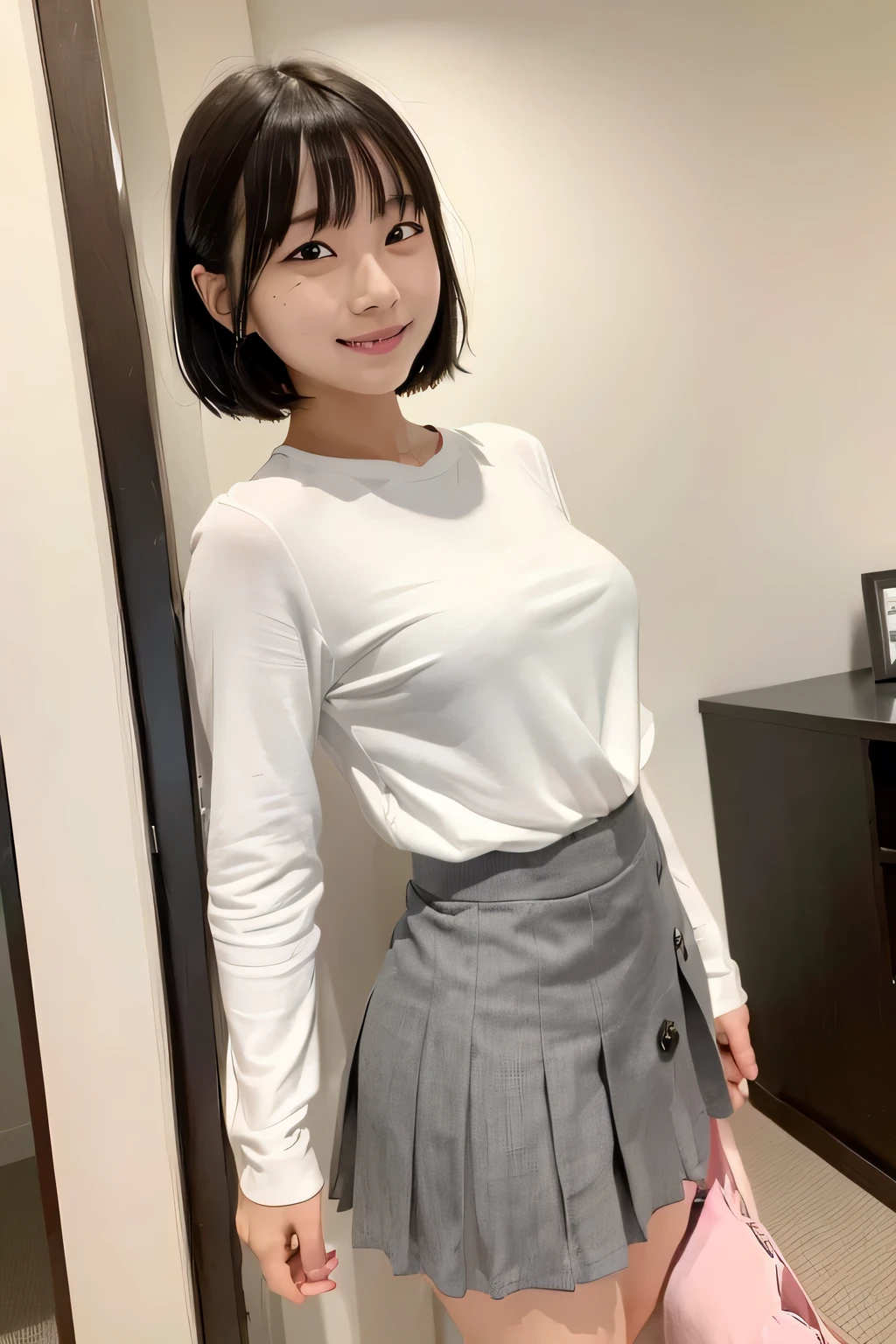 (narrow eyes:1.4), frontal shot , From the middle , (black eye), (japanese woman), 1 girl, (small eyes:1.4), very beautiful  girl, beautiful breasts:1.5, (highly detailed eyes:1.2), (beautiful breasts:1.1), short hair, bangs, (thick legs:1.2, huge hips:1.2, thick thighs:1.2), big breasts, perfect skin, Fair skin, tight waist, alone, looking at the viewer, (laughter:1.2), (smile:1.3), (White Y-shirt、dark grey pleated skirt)