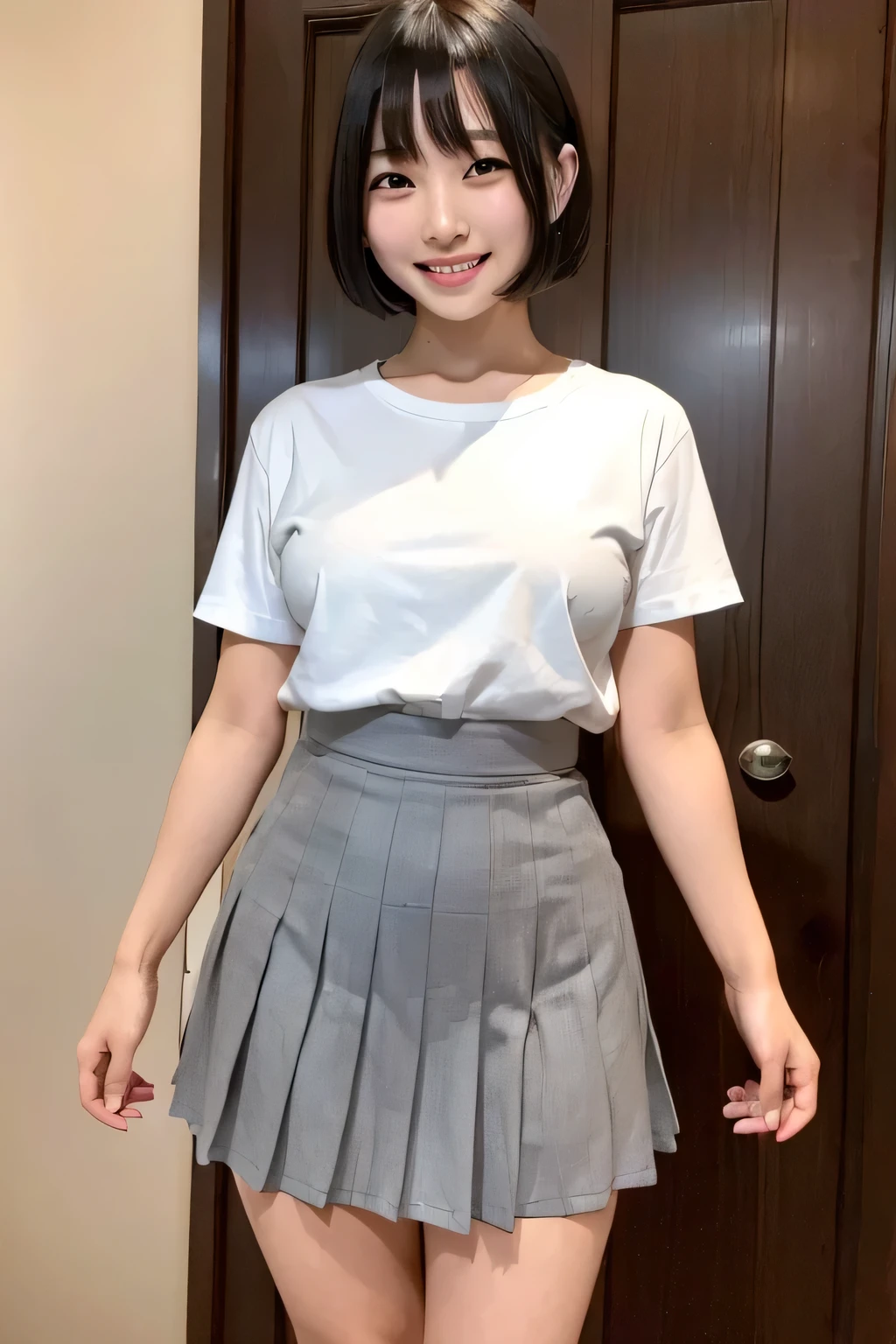 (narrow eyes:1.4), frontal shot , From the middle , (black eye), (japanese woman), 1 girl, (small eyes:1.4), very beautiful 17 year old girl, beautiful breasts:1.5, (highly detailed eyes:1.2), (beautiful breasts:1.1), short hair, bangs, (thick legs:1.2, huge hips:1.2, thick thighs:1.2), big breasts, perfect skin, Fair skin, tight waist, alone, looking at the viewer, (laughter:1.2), (smile:1.3), (White Y-shirt、dark grey pleated skirt)