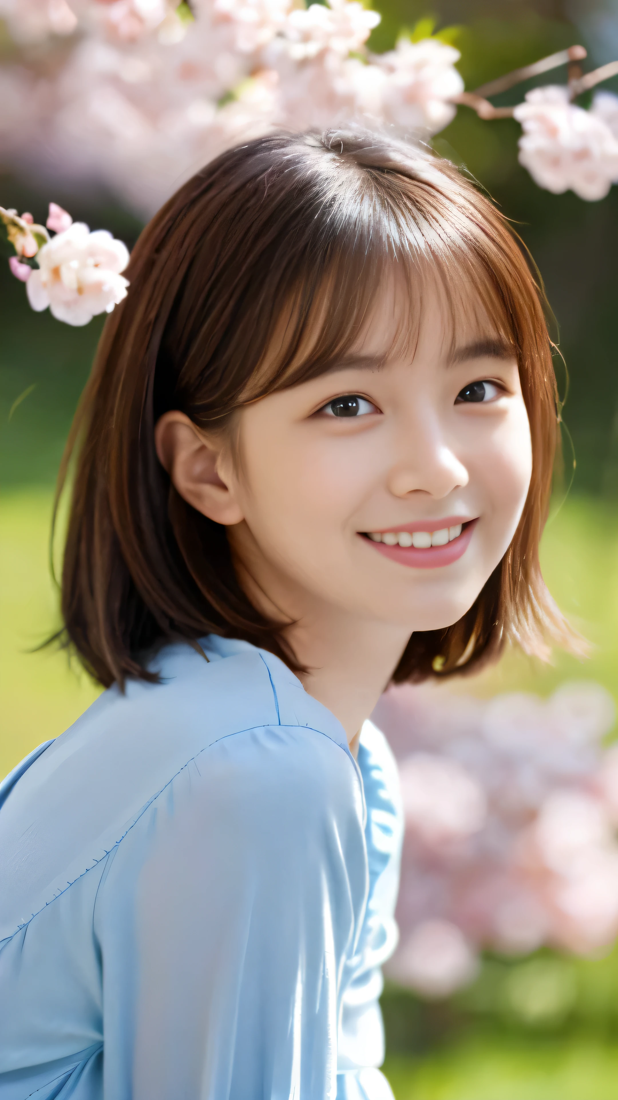 1girl, real, (view viewer:1), (ulzzang-6500:0.66), barefoot, dappled sunlight, Highest image quality, ultra high resolution, (photorealistic:1.4), short hair, pink hair, yae_sakura, jewelry, cherry blossoms, (smile:1), bare_shoulders, hair_ornament, purple_eyes, , detached_sleeves, , detailed eyes,, (薄smile:1), Put your arms behind your back、