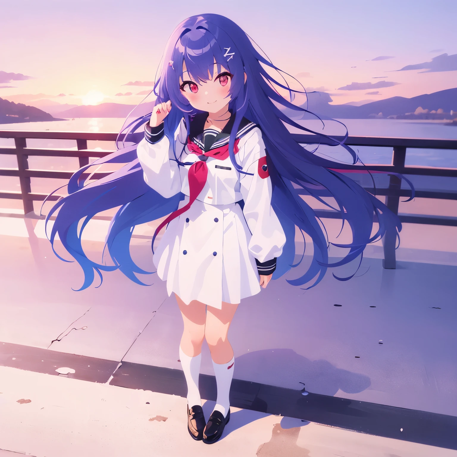 (masterpiece, best quality), ultra detail, 1girl, solo, Umika Konohoshi, Long Hair, Red Eyes, blush, very_long_hair, Bluish purple and blue hair colour, full body, school uniform, white dress, Black jacket , smile, 1GIRL, umika konohoshi, Pov, look sunset, 15thn