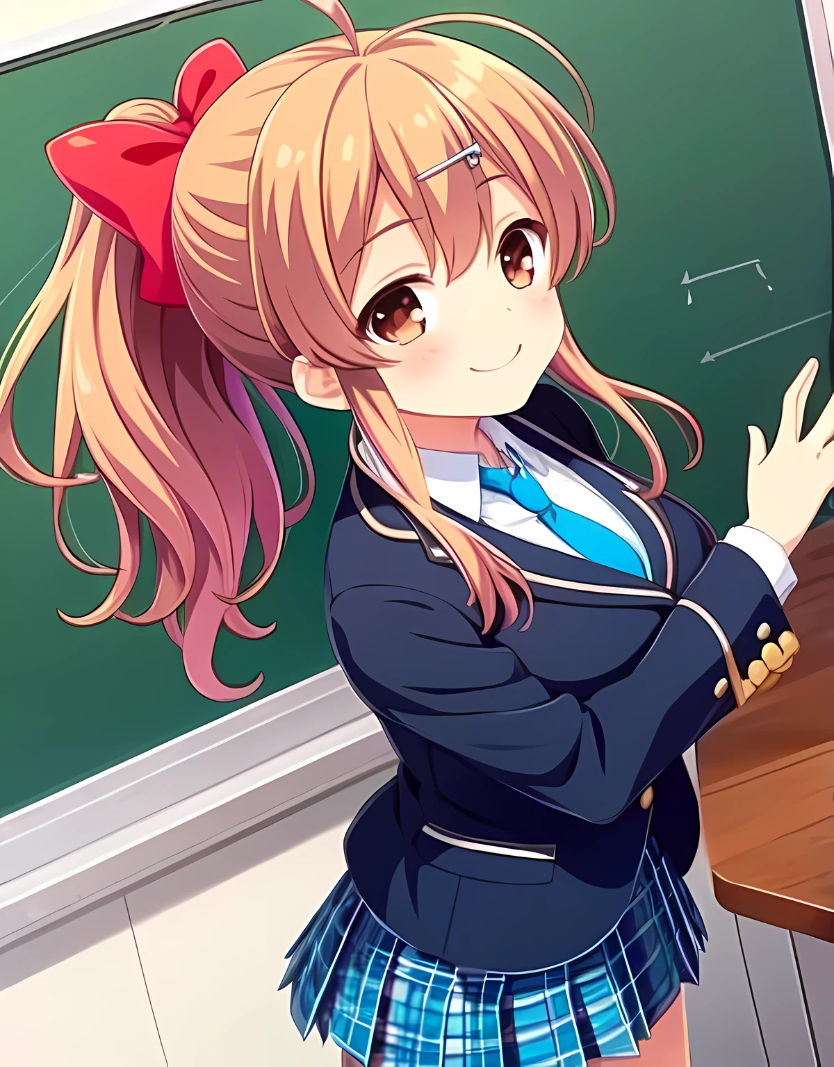 (masterpiece), ultra high resolution anime illustrations, perfect lighting, (perfect accurate anatomy:1.2), (nice hands, perfect hands), (kawaii:1.55), (detailed shiny big eyes:1.35), detailed background BREAK Sakurai Akane, GirlFriend BETA, orange eyes, brown hair, ahoge, hair bow, hair ornament, hair ribbon, hairclip, ponytail, (large breasts:1.0), BREAK school uniform, blazer, blue necktie, blue skirt, plaid skirt, BREAK, 1girl, smile, school classroom