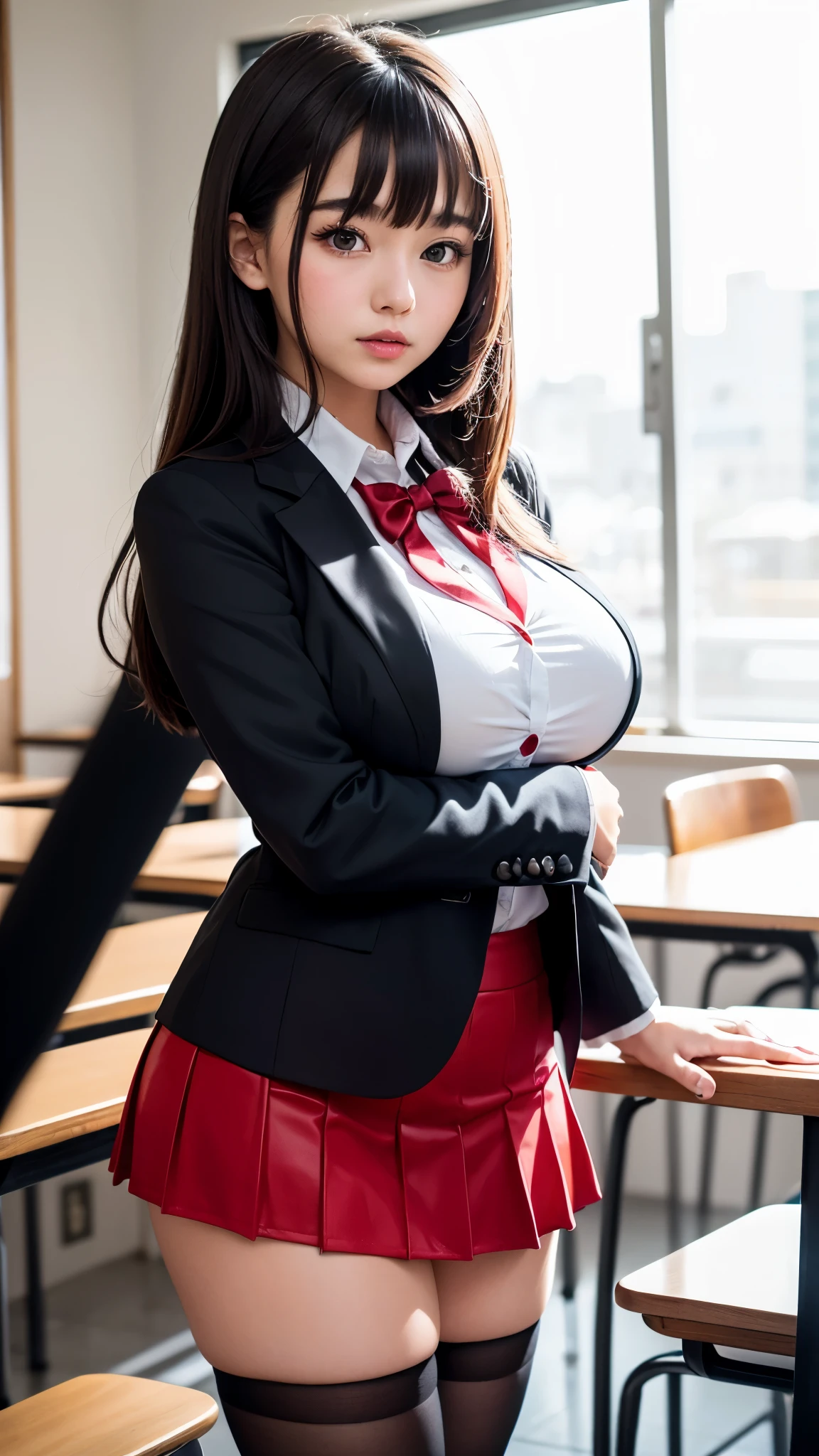((best quality)), ((muste piece)), (detailed breasts), (highlight), perfect face Young girl highlighting large breasts with detailed face、Long, thick, shiny, beautiful black hair with blunt bangs、solid color background、Standing wearing red and black blazer and miniskirt school uniform、Japanese high school girl、student council president idol、