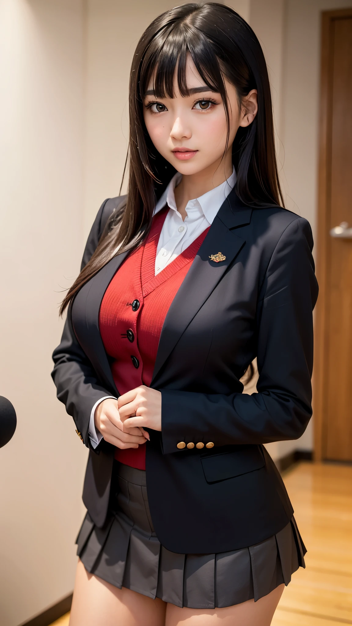 ((best quality)), ((muste piece)), (detailed breasts), (highlight), perfect face　Young girl highlighting large breasts with detailed face、Long, thick, shiny, beautiful black hair with blunt bangs、solid color background、Standing wearing red and black blazer and miniskirt school uniform、Japanese high school girl、student council president idol、