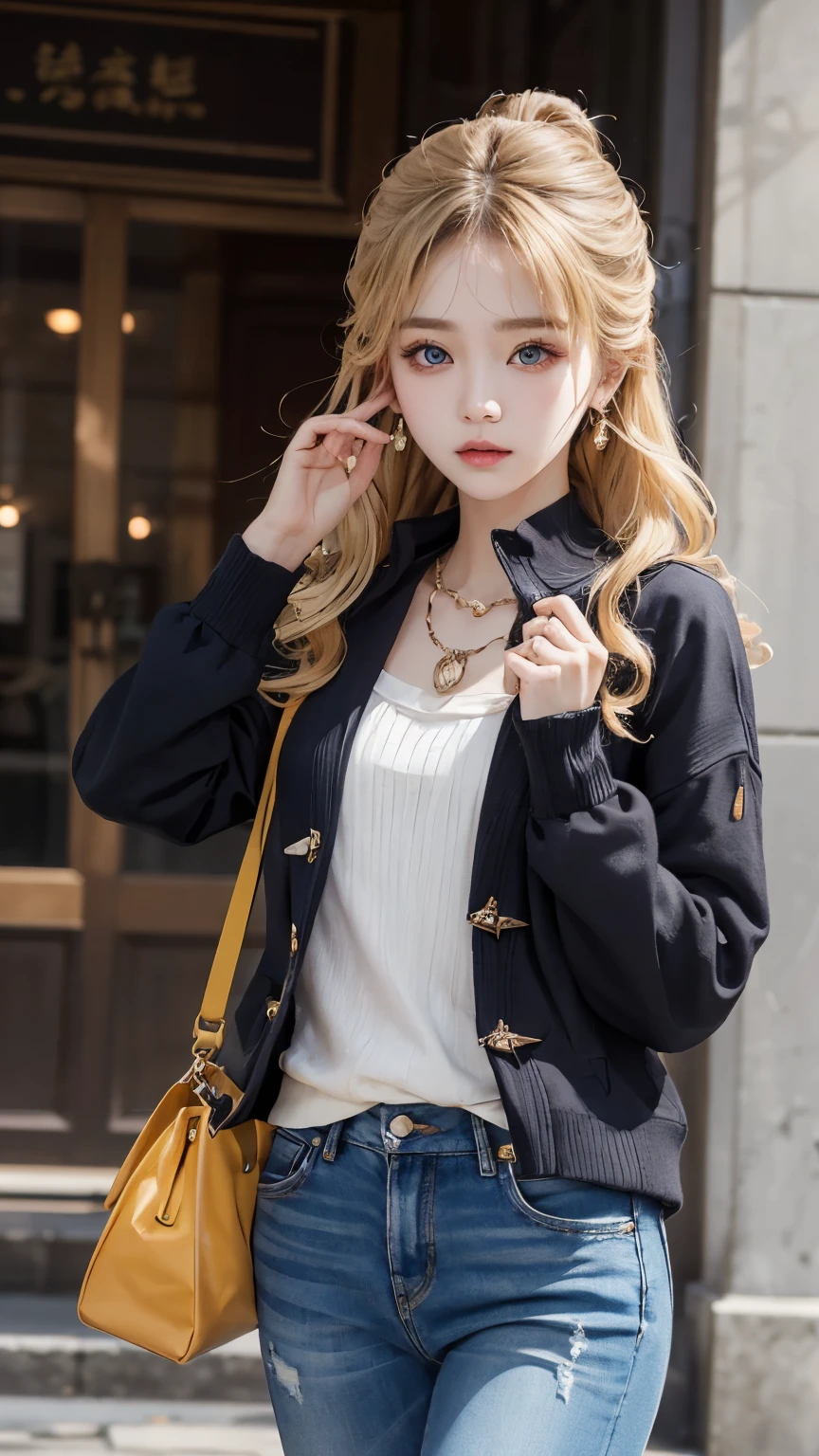 blond，long hair，curls，blue eyes，Please draw the style of clothes IU wears。IU usually has a mature temperament and unique personality。She prefers a simple and modern style。For example，Usually paired with a basic top such as a sweater or shirt with jeans or a skirt。also，IU is fashion conscious，Utilizing a wide range of fashion items and colors。Clothing has patterns such as floral or plaid patterns，Or it can contain premium materials like velvet or silk。in addition，As accessories, there are also thin necklaces、small earrings，There are also unique bags and more。&quot;Follow the tips above，Use your imagination to interpret IU’s clothing style！