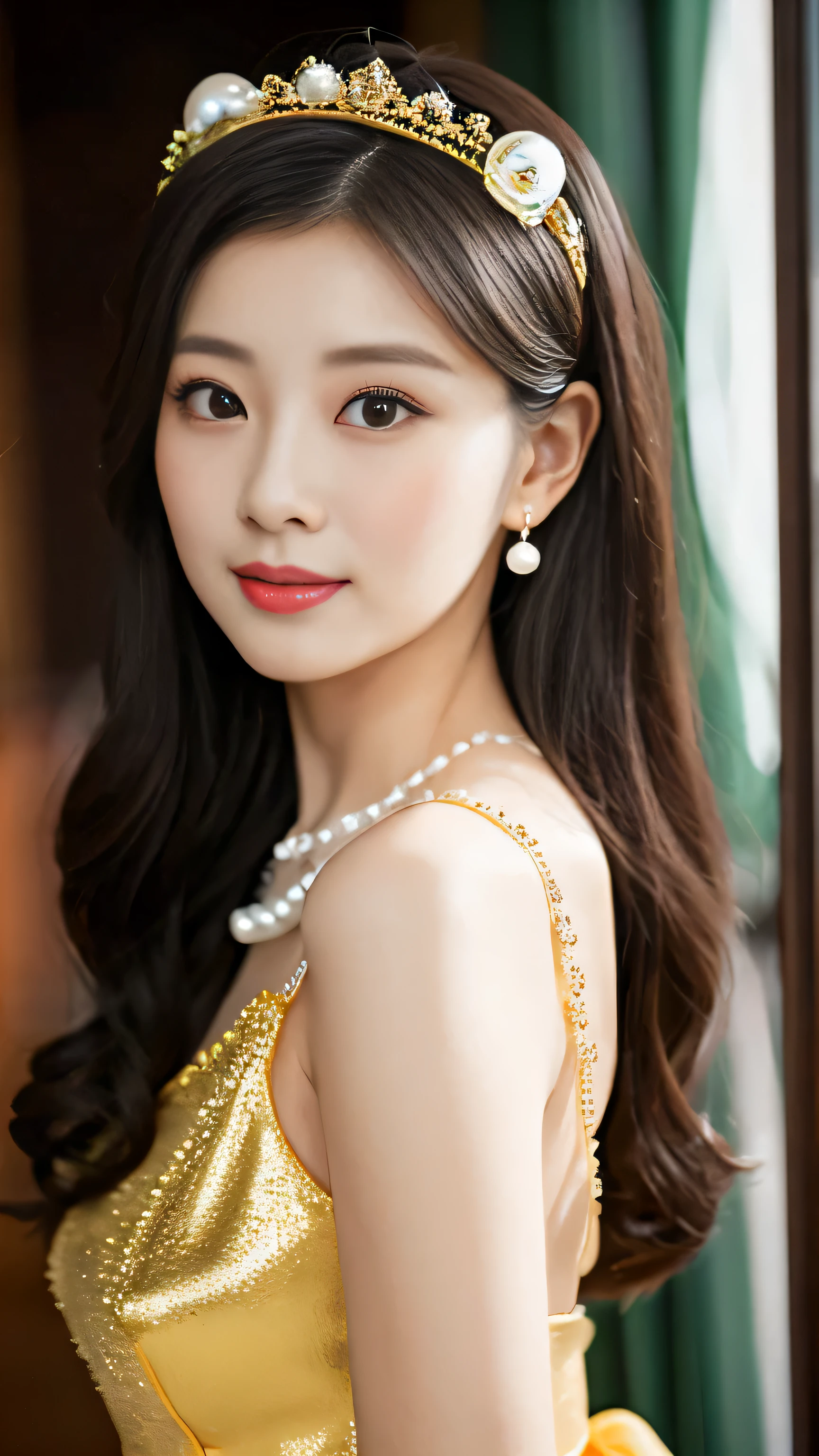 There is a woman in a cheongsam, 2 7 years old, 2 8 years old, 2 9 years old, 3 2 years old, delicate makeup, Ye Wen, 2 3 years old, round face, cute lian, gold tiara, pearl necklace, jade hairpin