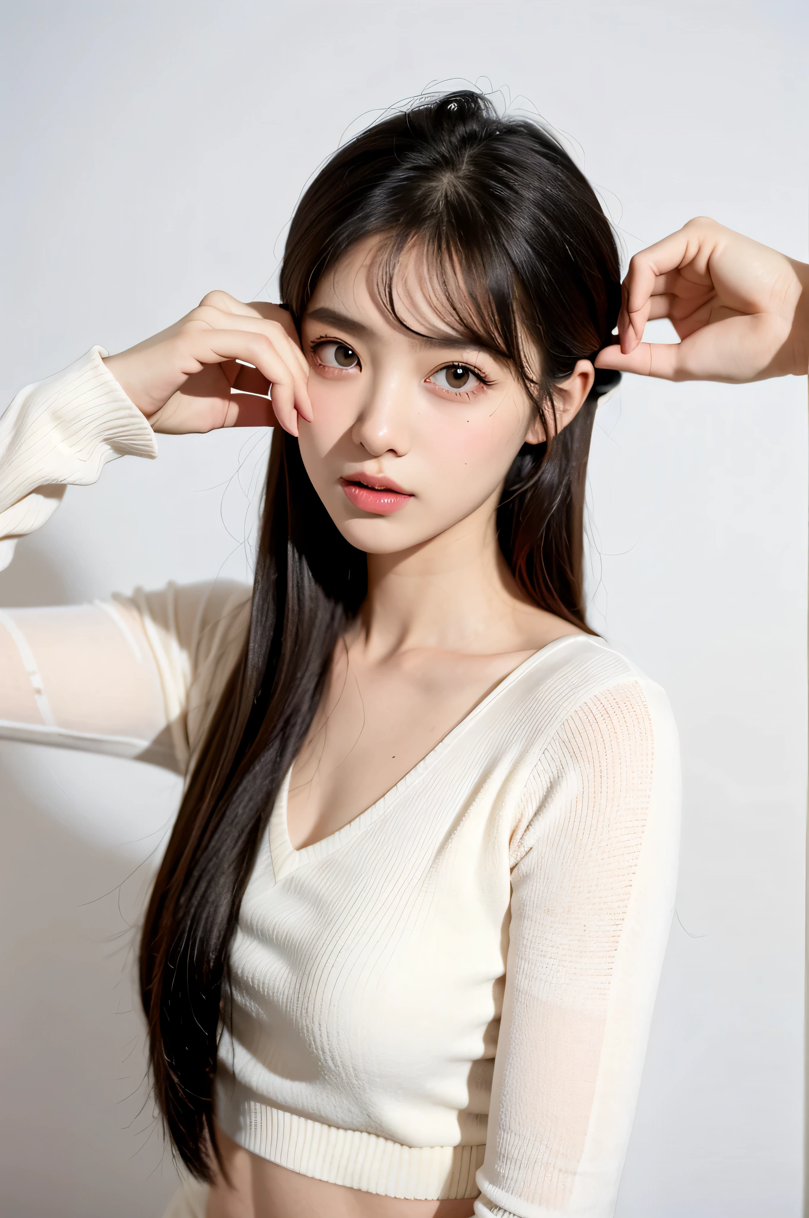 1girl, solo, long_hair, breasts, looking_at_viewer, simple_background, shirt, black_hair, hair_ornament, white_background, jewelry, closed_mouth, white_shirt, upper_body, ponytail, short_sleeves, earrings, shiny, belt, pants, denim
