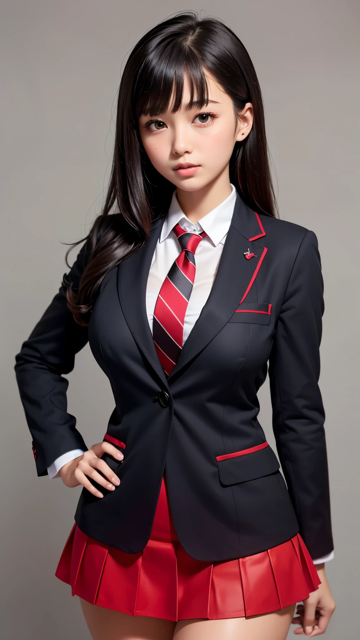((best quality)), ((muste piece)), (detailed breasts), (highlight), perfect face Young girl highlighting large breasts with detailed face、Long, thick, shiny, beautiful black hair with blunt bangs、solid color background、Standing wearing red and black blazer and miniskirt school uniform、Japanese high school girl、student council president idol、