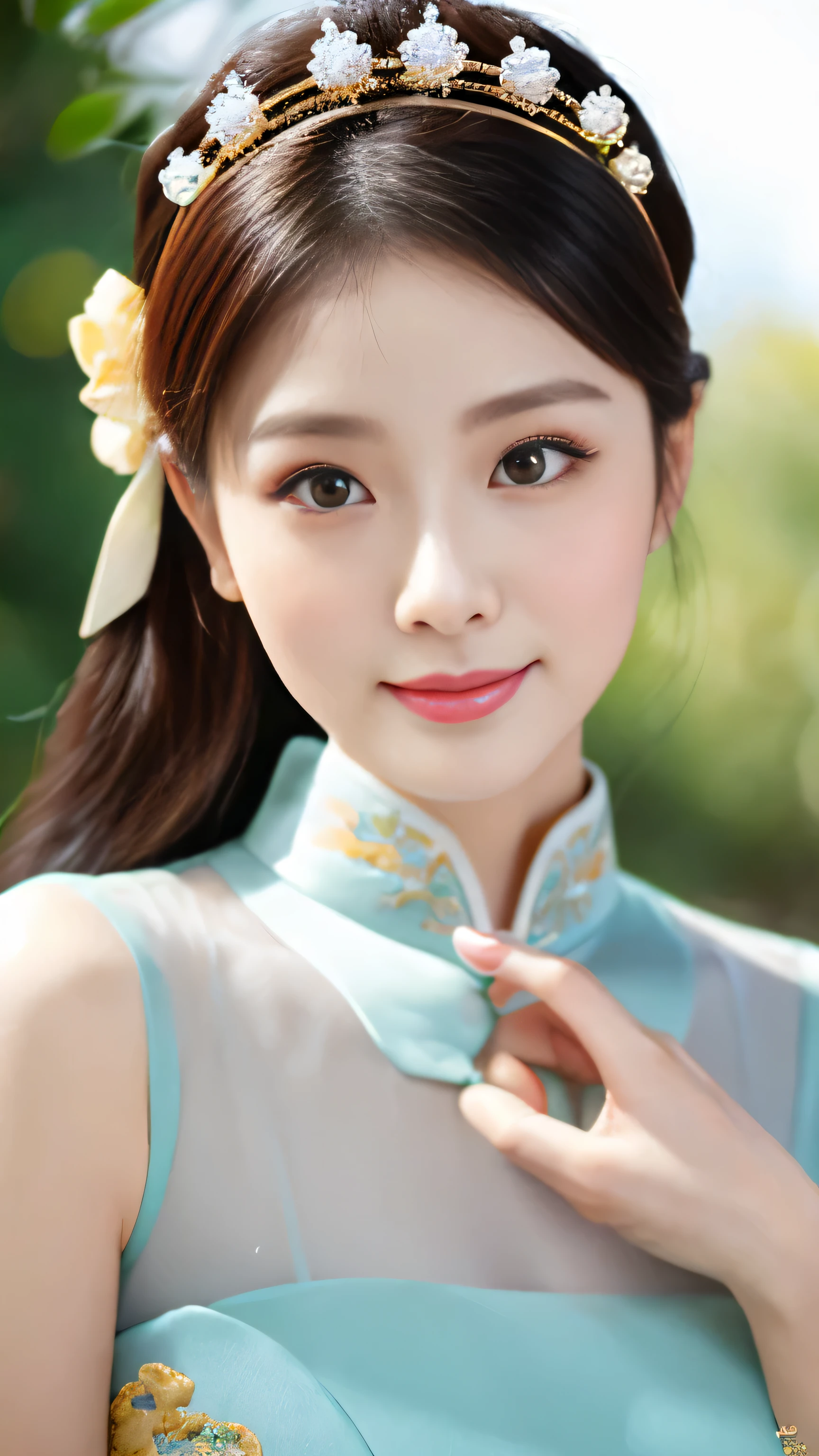There is a woman in a cheongsam, 2 7 years old, 2 8 years old, 2 9 years old, 3 2 years old, delicate makeup, Ye Wen, 2 3 years old, round face, cute lian, gold tiara, pearl necklace, jade hairpin