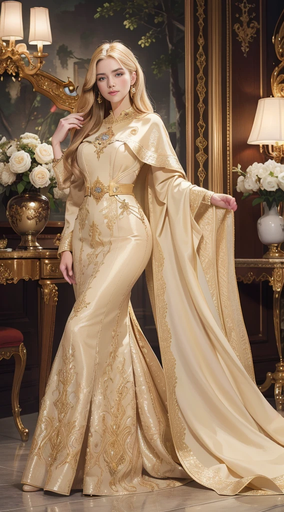 best quality, highly detailed, ultra-detailed, illustration, masterpiece,extremely detailed eyes and face, incredibly_absurd resolution, (blonde hair) , 1girl, wearing a meticulously crafted and luxurious gown showcasing intricate details, exquisite tailoring, and opulent fabrics, slim waist, light smile, whole body, facing towards the viewers, dynamic pose