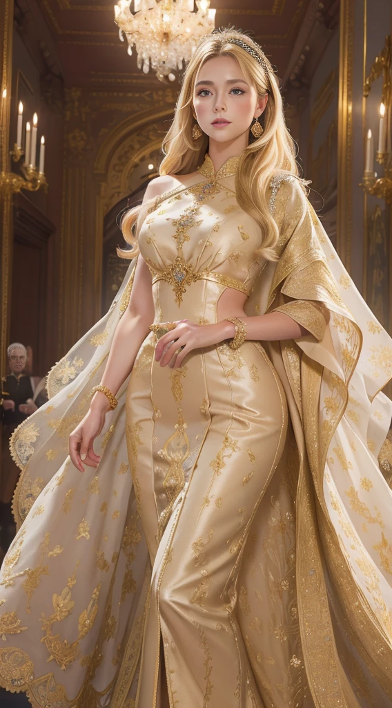 best quality, highly detailed, ultra-detailed, illustration, masterpiece,extremely detailed eyes and face, incredibly_absurd resolution, (blonde hair) , 1girl, wearing a meticulously crafted and luxurious gown showcasing intricate details, exquisite tailoring, and opulent fabrics, slim waist, light smile, whole body, facing towards the viewers, dynamic pose