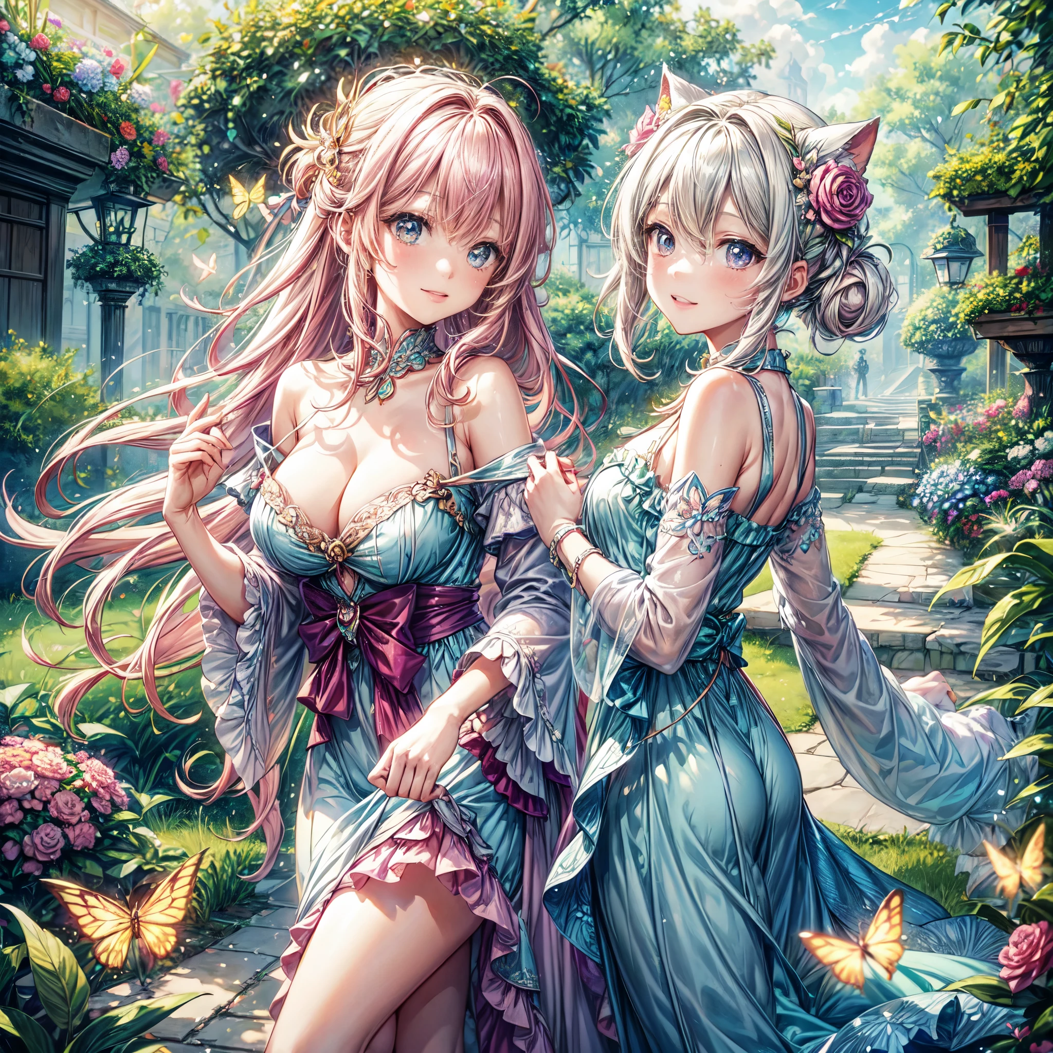 (best quality, 8k, masterpiece:1.2, nsfw ), Cutest,Cute girl, mesugaki, Beautiful face, Beautiful eyes, Beautiful hair, Light pink hair, Lots of colorful flowers, sunshine, peaceful garden, summer dress, smiling, golden hour lighting, vibrant colors, happy expression,　
soft breeze, gentle makeup, freckles, blonde hair, flowing dress, pastel colorairytale atmosphere, fluttering butterflies, dreamy atmosphere), vivid greenery, smile, posing like an angel,