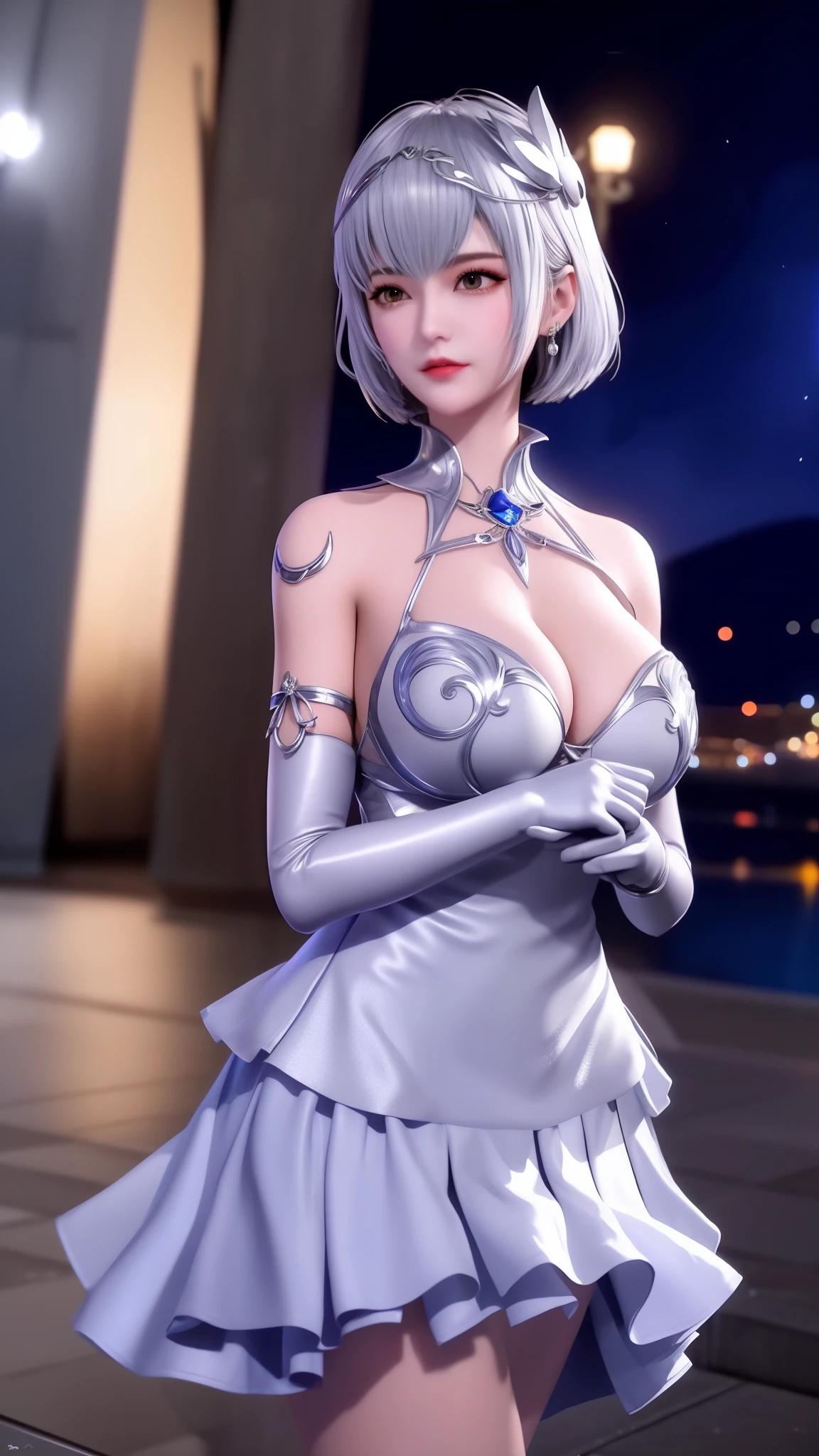 1 girl, short hair, hair accessories,White elbow gloves, adult, city View, night, looking at the audience, DLDL Ye Lingling,skirt,jewelry, collar, manicured,silver hair,silver skirt,short skirt,Show breasts。Show breasts,exposing her chest,Show breasts,