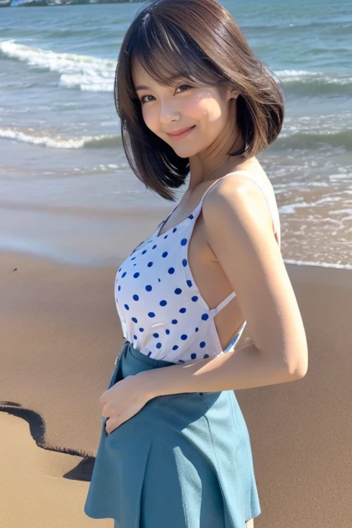 Beautiful Japanese woman standing tall on the sandy beach by the sea, high teenager, (Detailed model figure:face is facing the camera, The body is facing the camera, standing on the sand by the sea, Straightening the back, The navel is visible) (Photo Details:Front of the body, Shot from thigh up,Camera height is eye level, looking at the camera) (facial details:long eyes, beautiful eyes, Eye pupils are black, looking at the camera, elongated facial contour, Smile a little,sharp cheeks, round chin, clean nose, round chin, Bob cut brown hair) (Body details:Height: 155cm, bust 79cm, Waist 55cm, Hip 85cm, Healthy thighs, The navel is visible) (detailed costumes:Tank top shirt with large blue polka dots on white fabric and 5cm above the navel., Fluttery white super mini skirt,Miniskirt from 10cm below the navel to the crotch