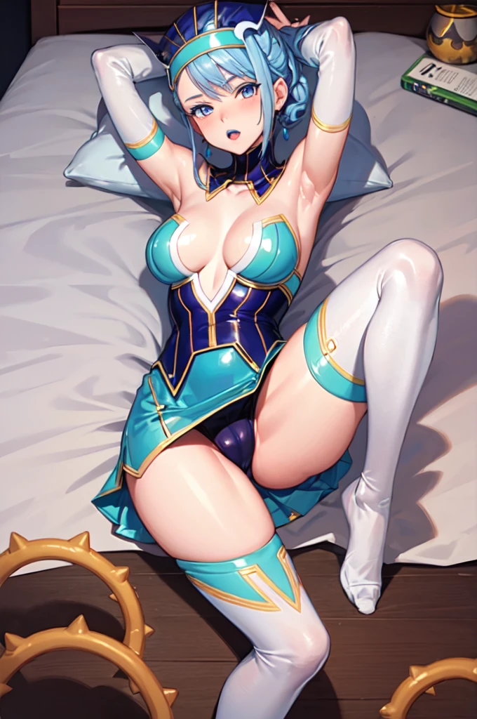 (SFW:1.5), Lying, bed, Open crotch, Dettol, Spread legs, show armpit, Downge-out, (masterpiece), can wear skirt or shorts, long stockings or pantyhose, large breasts, clothed,