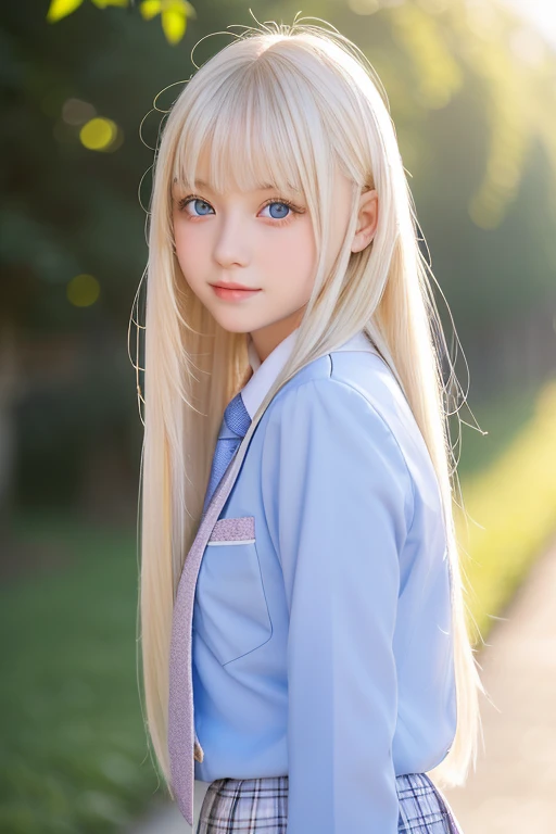 1 baby girl、Portrait、school uniform、blue sky、bright and beautiful face、young, shiny white shiny skin、best beauty、Blonde hair with dazzling light reflection、Beautiful Platinum Blonde Super Long Silky Straight Hair Gloss、Bangs are long、Extraordinarily beautiful 17-year-old、Big shining clear light blue eyes、Beautiful lovely beautiful girl