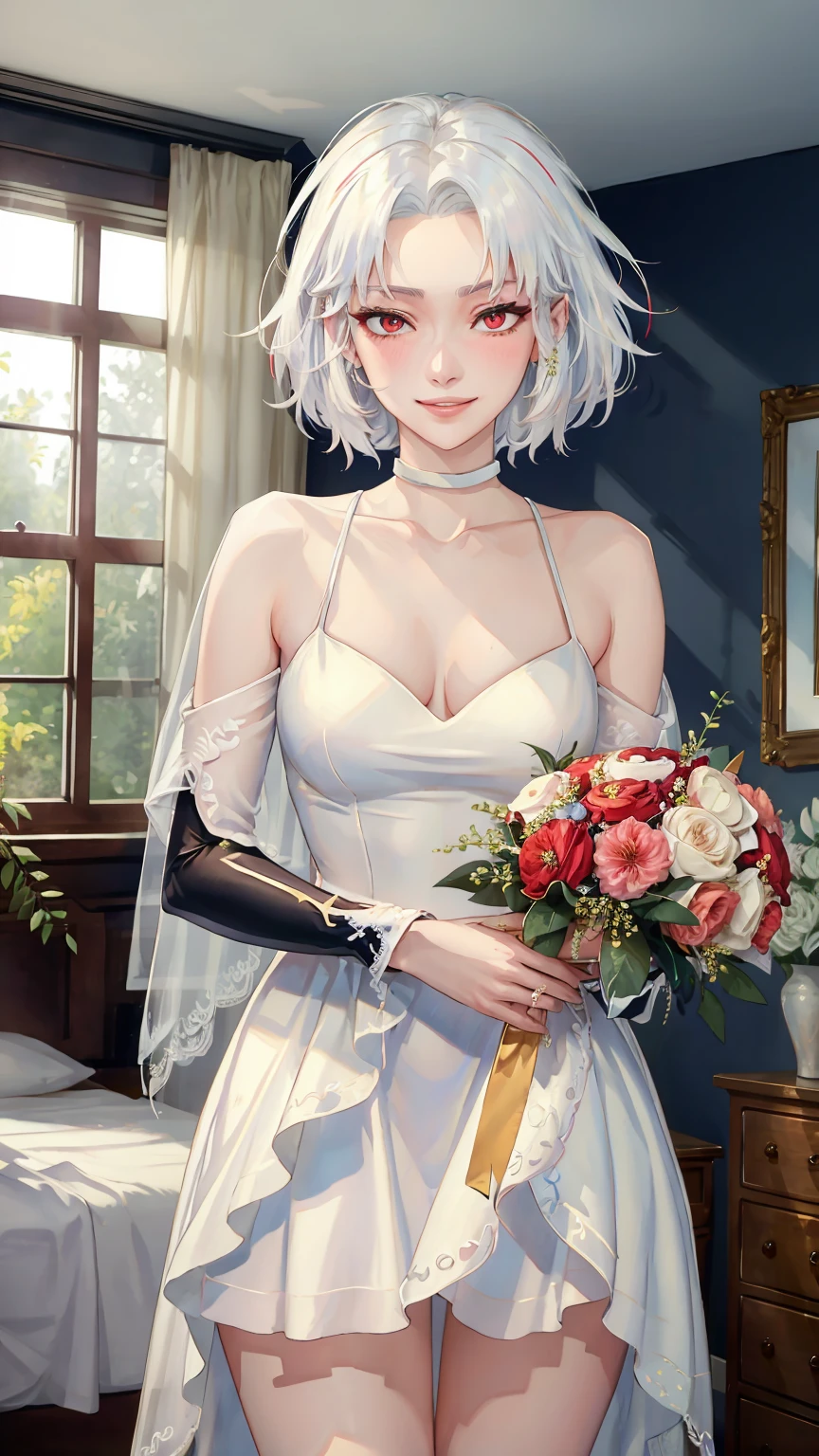 ((((masterpiece, best quality, high resolution)))), (1girl:1.5), ((short hair, white hair, red eyes, sharp eyes)), (average breasts:1.2), (blushing), (light smile, parted lips), glow, thighs, bare shoulders, collarbone, narrow waist, (slender body figure), (beautiful detailed face, beautiful detailed eyes), ((bridal dress, bridal veil, choker)), (holding bouquet), (standing up), looking at viewer, bedroom, (cowboy shot)