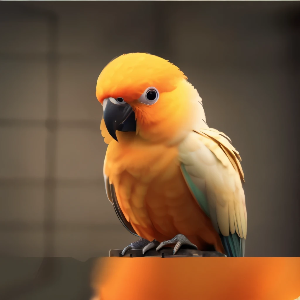 There is a bird standing on the cage, pet bird, 4 0 9 6, sentient bird, birb, robot bird, pride, parrot, moulting, mechanical cute bird, pride expression, eyes that glow brightly like LEDs。longeyelashes, Surrealism, drop shadow, anaglyph, stereogram, tachi-e, pov, atmospheric perspective, depth of field, 8k, super detail, ccurate, best quality, UHD, ccurate, textured skin, high quality, high details, award winning, best quality, 8k, highres