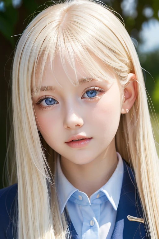 1 baby girl、Portrait、school uniform、blue sky、bright and beautiful face、young, shiny white shiny skin、best beauty、Blonde hair with dazzling light reflection、Beautiful Platinum Blonde Super Long Silky Straight Hair Gloss、Bangs are long、Extraordinarily beautiful 17-year-old、Big shining light blue eyes、very big eyes、Beautiful lovely beautiful girl