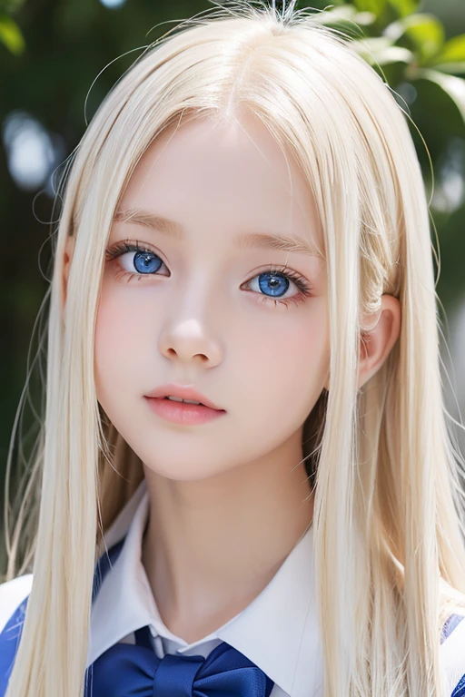 1 girl、Portrait、school uniform、blue sky、bright and beautiful face、young, shiny white shiny skin、best beauty、Blonde hair with dazzling light reflection、Beautiful Platinum Blonde Super Long Silky Straight Hair Gloss、Bangs are long、Extraordinarily beautiful 17-yr-oig shng light blue eyes、very big eyes、Beautiful lovely beautiful girl