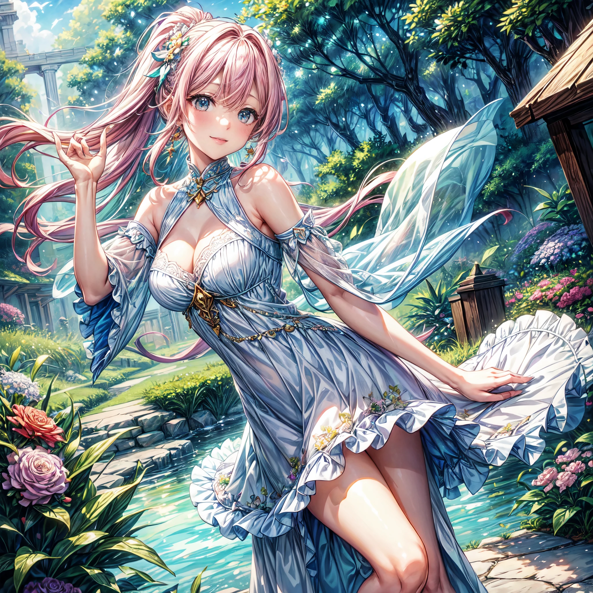 (best quality, 8k, masterpiece:1.2, nsfw ), Cutest,Cute girl, mesugaki, Beautiful face, Beautiful eyes, Beautiful hair, Light pink hair, Lots of colorful flowers, sunshine, peaceful garden, summer dress, smiling, golden hour lighting, vibrant colors, happy and thankful expression,　
soft breeze, gentle makeup, freckles, blonde hair, flowing dress, pastel colorairytale atmosphere, fluttering butterflies, dreamy atmosphere), vivid greenery, smile, posing like an angel,