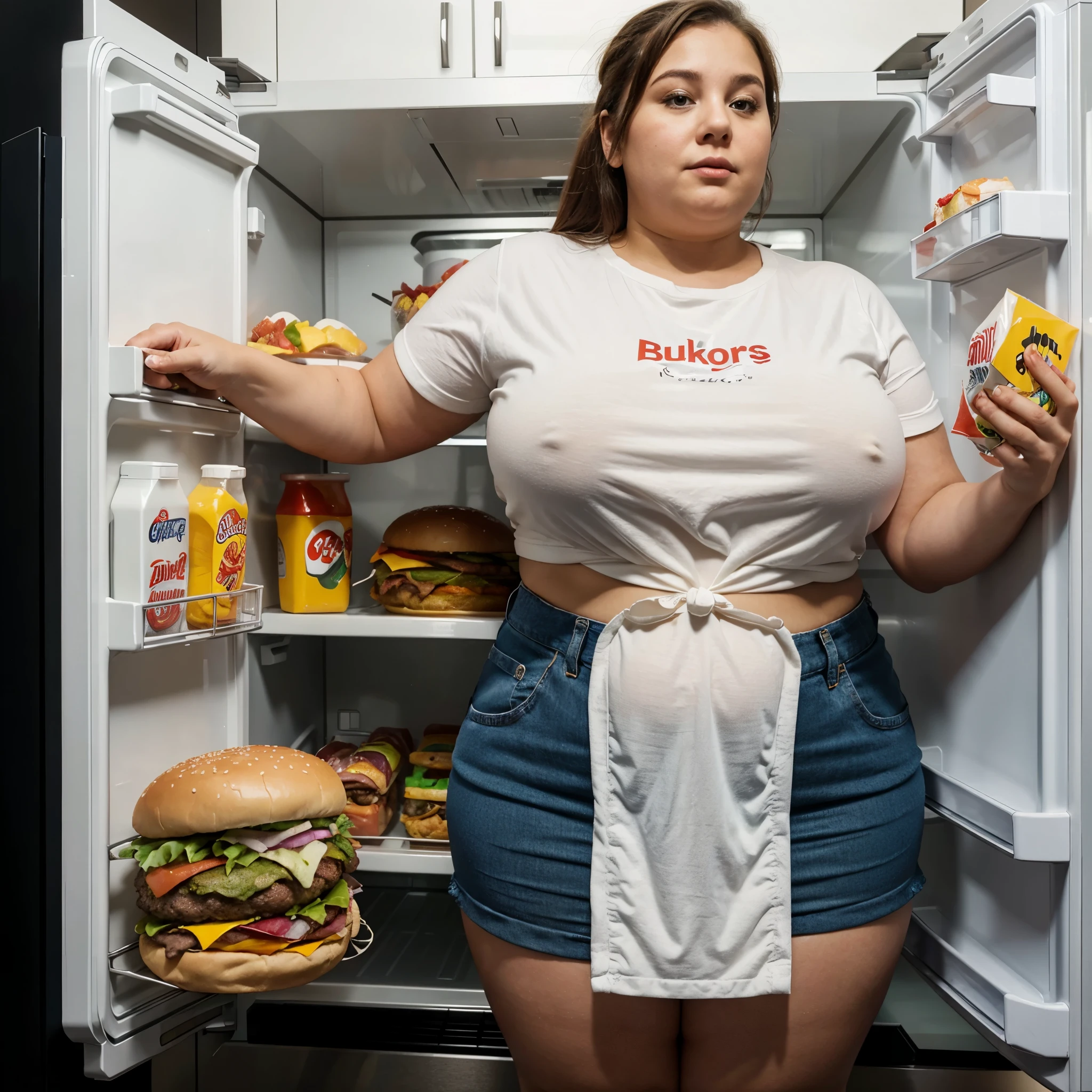 A fat woman in clothes stands near a refrigerator full of food, and eats a burger