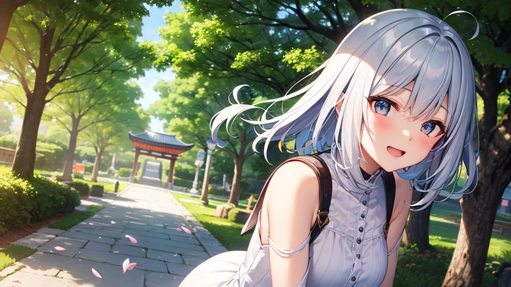 super high quality, with a girl, 20-year-old, very short hair, long bangs between the eyes, gray eyes , blue sky, sunlight, very detailed,(masterpiece、highest quality)、alone、gray hair、laughter、fantasy, silver hair, black eye, beautiful eyes,, ecstasy, charm, be smitten with audience, fantasyな風景、Princess、white clothes、Cherry blossoms fall