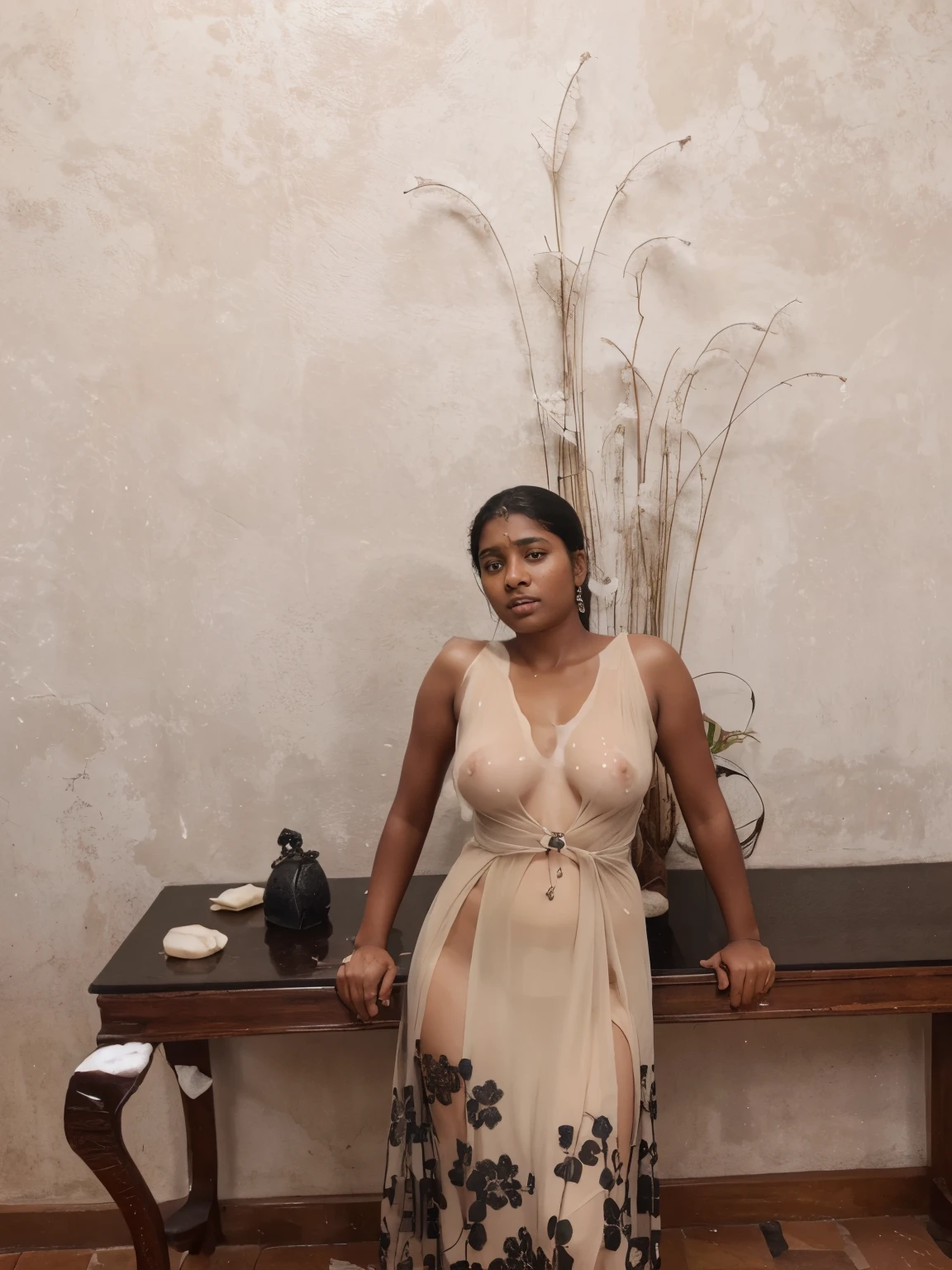 A photorealistic portrait of a nude Sri Lankan girl. Medium sized breasts, semen covering breasts, wearing a catholic cross