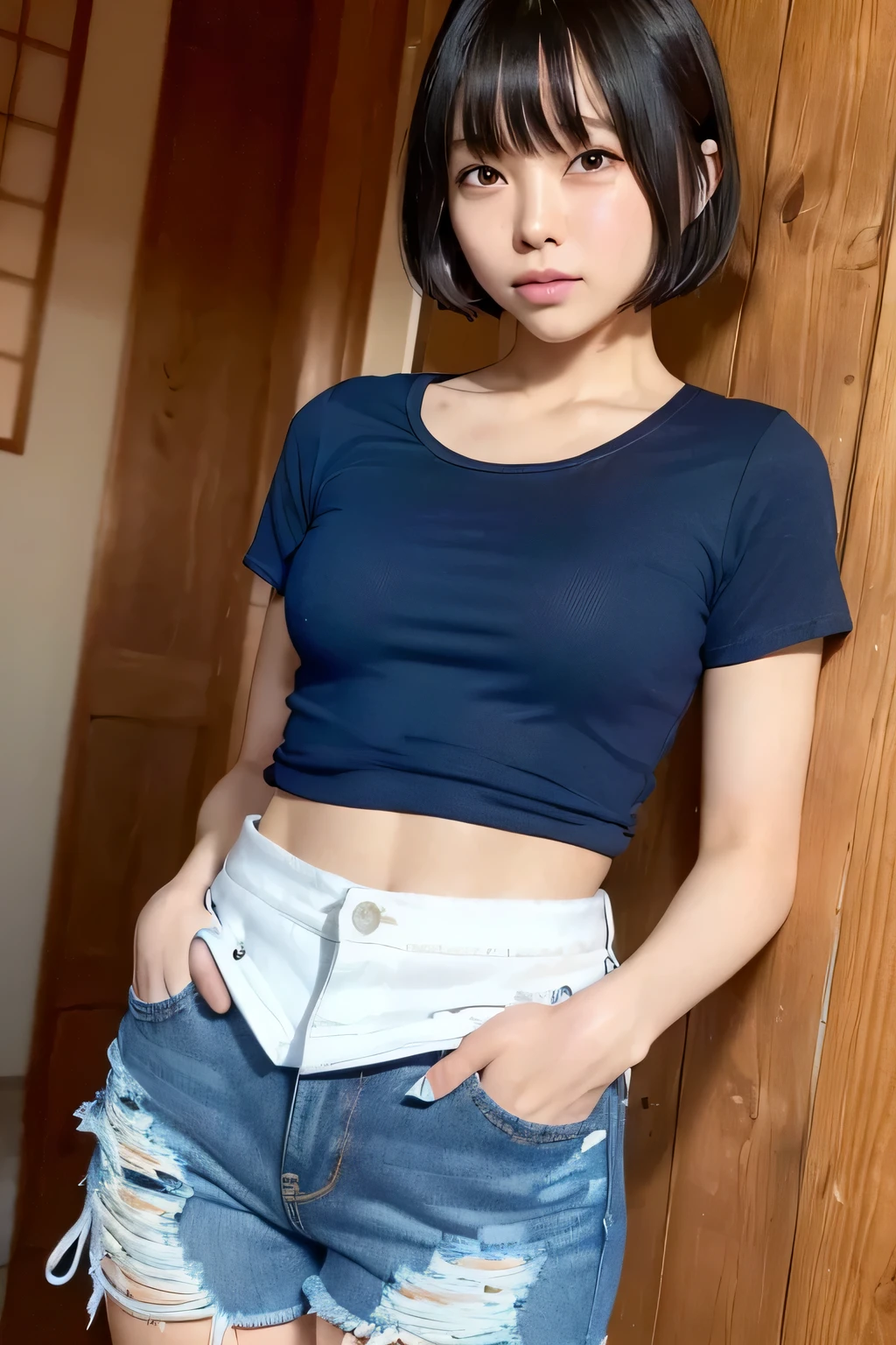 (narrow eyes:1.4), frontal shot , From the middle , (black eye), (japanese woman), 1 girl, (small eyes:1.4), very beautiful 17 year old girl, beautiful breasts:1.5, (highly detailed eyes:1.2), (beautiful breasts:1.1), short hair, bangs, (thick legs:1.2, huge hips:1.2, thick thighs:1.2), big breasts, perfect skin, Fair skin, tight waist, alone, looking at the viewer, (Are crying:1.3), (White Round Neck T-Shirt:1.3), ( Blue Short Jeans:1.5)