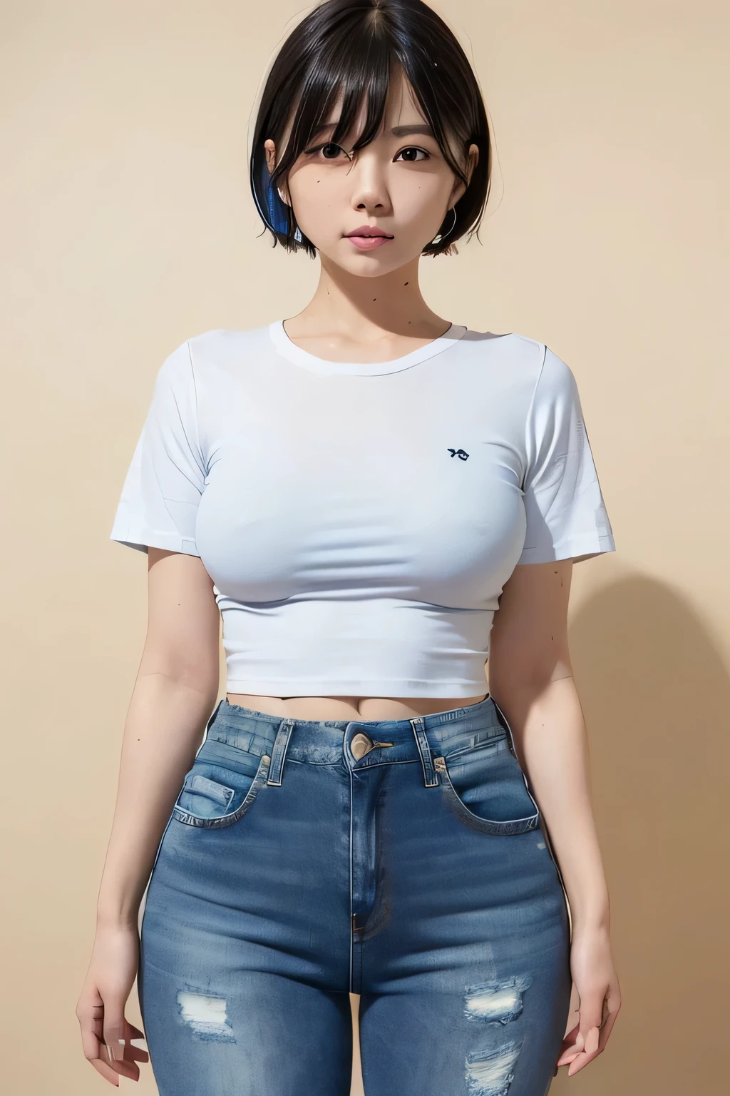 (narrow eyes:1.4), frontal shot , From the middle , (black eye), (japanese woman), 1 girl, (small eyes:1.4), very beautiful 17 year old girl, beautiful breasts:1.5, (highly detailed eyes:1.2), (beautiful breasts:1.1), short hair, bangs, (thick legs:1.2, huge hips:1.2, thick thighs:1.2), big breasts, perfect skin, Fair skin, tight waist, alone, looking at the viewer, (Are crying:1.3), (White Round Neck T-Shirt:1.3), ( Blue Short Jeans:1.5)