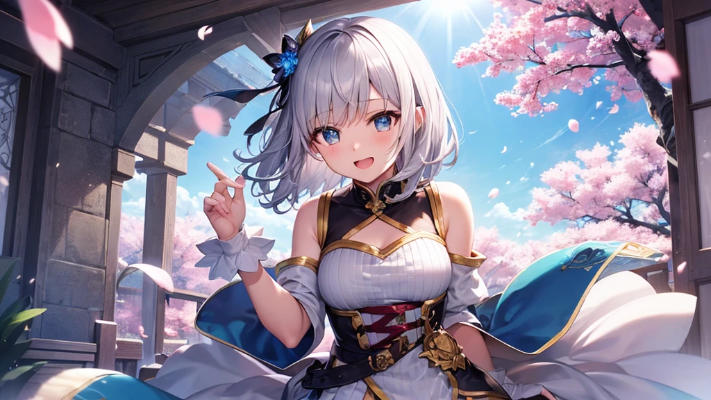 super high quality, with a girl, 20-year-old, very short hair, long bangs between the eyes, gray eyes , blue sky, sunlight, very detailed,(masterpiece、highest quality)、alone、gray hair、laughter、fantasy, silver hair, black eye, beautiful eyes,, ecstasy, charm, be smitten with audience, fantasyな風景、Princess、white clothes、cherry blossoms
