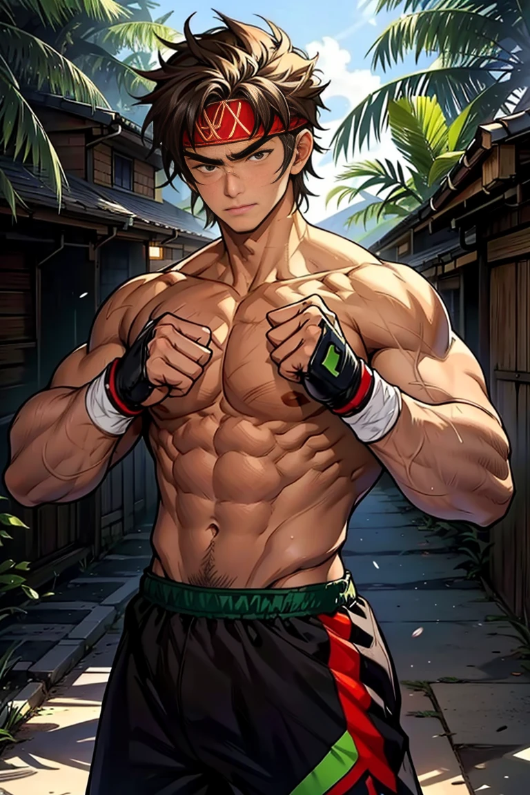 (Masterpiece, Best quality 16 year old boy，cute boy, Shota), 1 boy, Young, boy, Dark Short hair, full bodyesbian, Shirtless, babyface, topless, green headband, Vivid colors,(Depth of field:1.2),(Abs), view the viewer, black wristband, closed mouth, serious, topless male, pale tanned skin with tight muscler body, Man with martial arts stance, epic Boxing pose