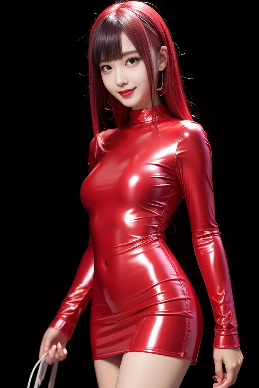 nsfw、female idol、gentle smile、shiny glossy latex mini skirt (neon red)、full body Esbian、multicolor hair、