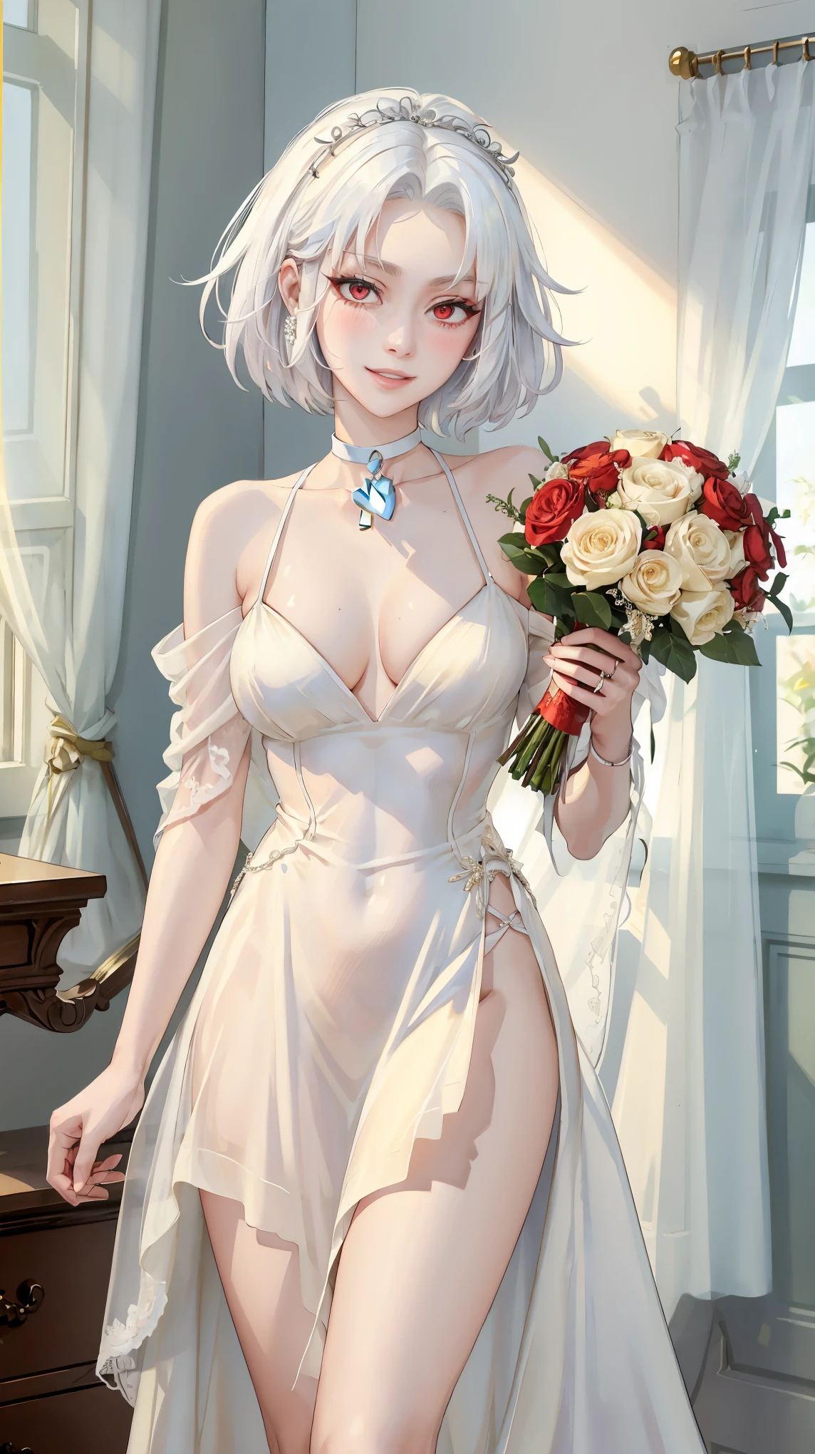 ((((masterpiece, best quality, high resolution)))), (1girl:1.5), ((short hair, white hair, red eyes, sharp eyes)), (average breasts:1.2), (blushing), (light smile, parted lips), glow, thighs, bare shoulders, collarbone, narrow waist, (slender body figure), (beautiful detailed face, beautiful detailed eyes), ((bridal satin gown)), ((bridal veil on head, choker)), (holding bouquet), (standing up), looking at viewer, bedroom, (cowboy shot)