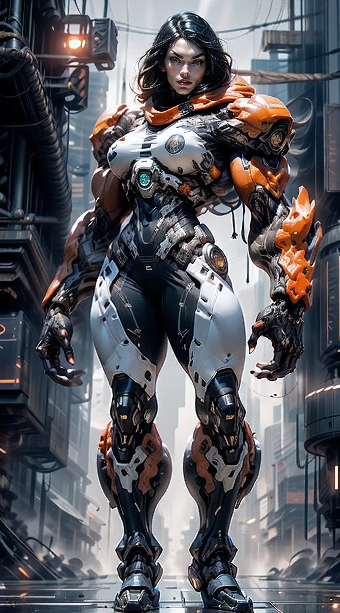 (1 girl), (megan fox:1.25), a drawing of a bodybuilder girl in full black alien cybernetic mecha bodysuit, (alien black cybernetic mecha bodysuit:1.25), (extreme muscular definition:1.5), (full body pose:1.25), (huge upper body:1.25), veins, beautiful face, full lips, slim face, high cheekbones, muscular, in the art style of H.P. Giger
