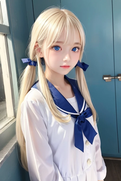 1 baby girl、Portrait、twin tails、school uniform、blue sky、bright and beautiful face、young, shiny white shiny skin、best beauty、Blonde hair with dazzling light reflection、messy bangs between eyes、Beautiful Platinum Blonde Super Long Silky Straight Hair Gloss、Bangs are long、An extremely beautiful 13 year old、Very beautiful, shining, clear, bright light blue eyes、very big eyes、Beautiful lovely beautiful girl