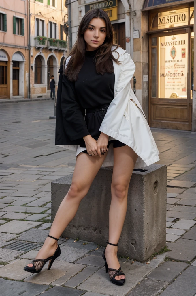 ragazza italiana, viso perfetto, capelli neri corti, (capelli corti), occhi verdi, seno enorme, elegante, vestita con scarpe con il tacco alto, calze nere, naso medio, occhi grandi verdi, City, realistica pelle delicata, pelle scura, corpo perfetto, piedi perfetti e gambe perfette, viso realistico, venezia, san marco, gonna lunghissima