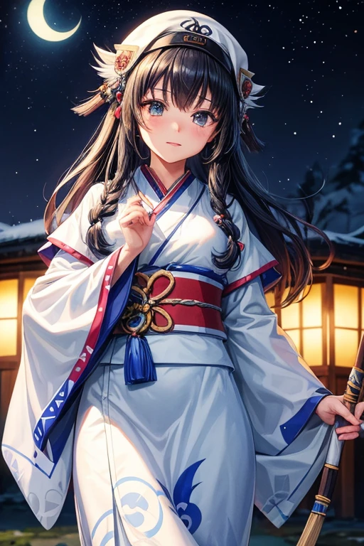 queen of the ainu、cute、Ainu pattern clothes、white and blue clothes、Ainu pattern、has a spear、Ainu art、Clean your eyes、Fingers correctly、night scenery、bird falcon、eyes are long、