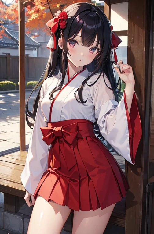 ((highest quality))、((８K))、((High resolution))、((masterpiece))、((Super detailed))、one girl、((Looking at the camera from the front))、((photo from the knees up))、((standing))、Black hair as glossy as lacquer、Transparent eyes that sparkle like a rainbow、((Bangs like Yamato Nadeshiko))、（Brightly colored flower hairpins）、Expressionless、（Beautiful and bright shrine maiden clothes）、Hakama skirt、band、No sleeve、wide sleeve、white shirt、Red skirt