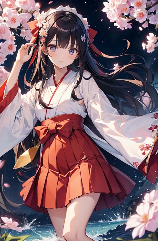((highest quality))、((8K))、((High resolution))、((masterpiece))、((Super detailed))、one girl、((Looking at the camera from the front))、((photo from the knees up))、((standing))、Black hair as glossy as lacquer、Transparent eyes that sparkle like a rainbow、((Bangs like Yamato Nadeshiko))、(Brightly colored flower hairpins)、Expressionless、(Beautiful and bright shrine maiden clothes)、Hakama skirt、band、No sleeve、wide sleeve、white shirt、Red skirt