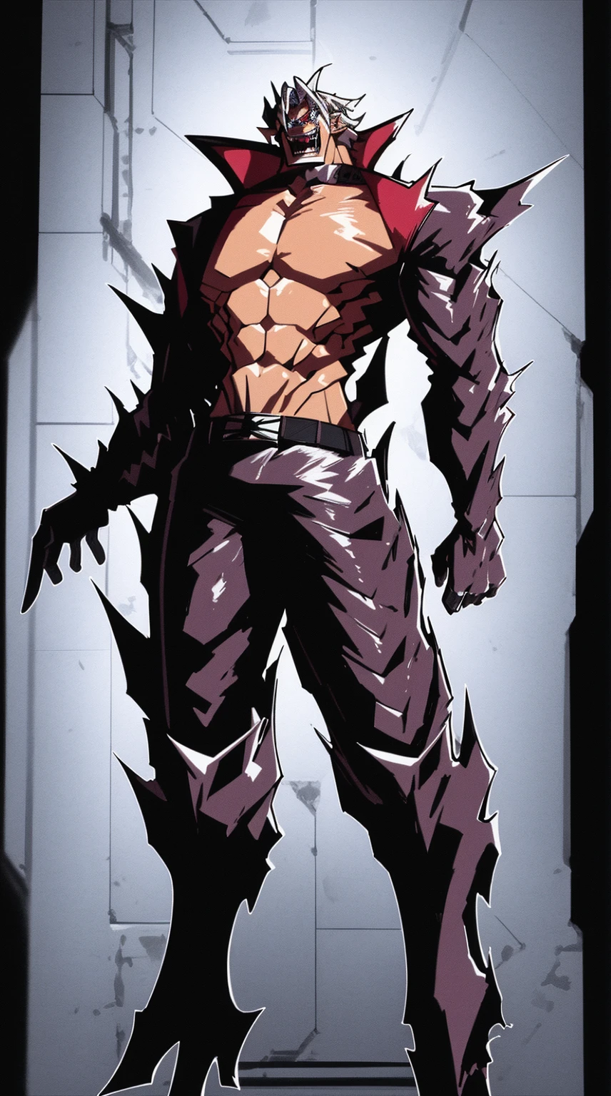 character, humanoid, horns all over the body, gray skin, ribbon on one of his shoulders, spikes in their hands, cotton pants with a ribbon at the waist, Chest armor, anime, White background
