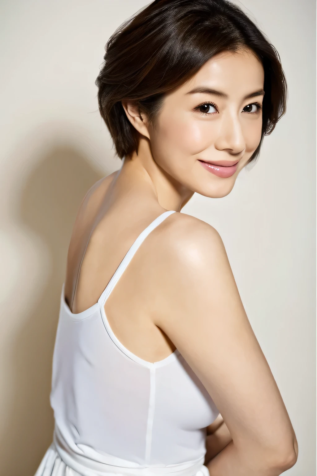 (highest quality,8K,masterpiece) portrait,
とても美しい日本人熟女のportrait,wearing a shirt,
誇らしげにbig breasts,stretch your back, nice perfect face with soft skin perfect face,light makeup,brown hair,surreal, 
huge breasts,big breasts, pixie cut,emphasizing thighs,
white wall,indoor,