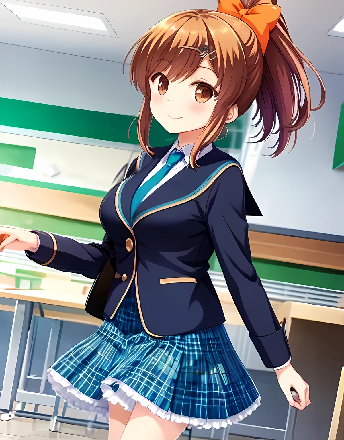 (masterpiece), ultra high resolution anime illustrations, perfect lighting, (perfect accurate anatomy:1.2), (nice hands, perfect hands), (kawaii:1.55), (detailed shiny big eyes:1.35), detailed background BREAK Sakurai Akane, GirlFriend BETA, orange eyes, brown hair, ahoge, hair bow, hair ornament, hair ribbon, hairclip, ponytail, (large breasts:1.0), BREAK school uniform, blazer, blue necktie, blue skirt, plaid skirt, BREAK, 1girl, smile, school classroom