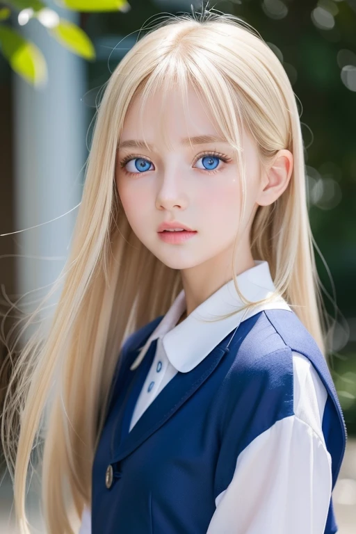 1 baby girl、Portrait、ponytail、school uniform、blue sky、bright and beautiful face、young, shiny white shiny skin、best beauty、Blonde hair with dazzling light reflection、messy bangs between eyes、Beautiful Platinum Blonde Super Long Silky Straight Hair Gloss、small face beauty、Bangs are long、Extraordinarily beautiful 14-year-old、Very beautiful, shining, clear, bright light blue eyes、very big eyes、Beautiful lovely beautiful girl