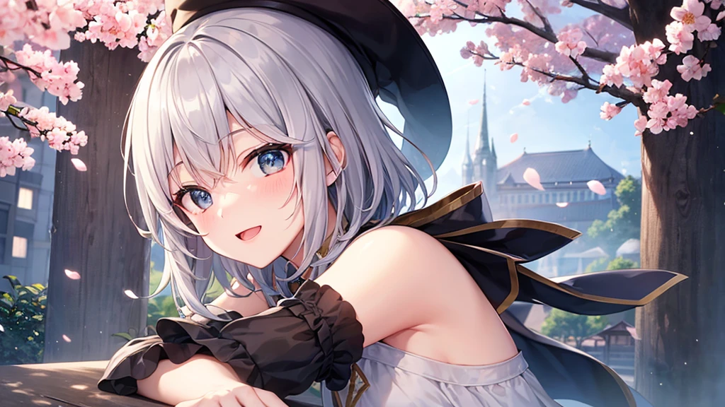 super high quality, with a girl, 20-year-old, very short hair, long bangs between the eyes, gray eyes , blue sky, sunlight, very detailed,(masterpiece、highest quality)、alone、gray hair、laughter、fantasy, silver hair, black eye, beautiful eyes,, ecstasy, charm, be smitten with audience, fantasyな風景、Princess、white clothes、wizard's hat、Cherry blossoms fall