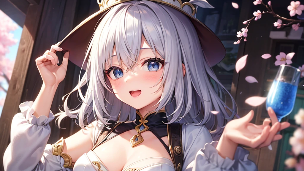 super high quality, with a girl, 20-year-old, very short hair, long bangs between the eyes, gray eyes , blue sky, sunlight, very detailed,(masterpiece、highest quality)、alone、gray hair、laughter、fantasy, silver hair, black eye, beautiful eyes,, ecstasy, charm, be smitten with audience, fantasyな風景、Princess、white clothes、wizard's hat、Cherry blossoms fall