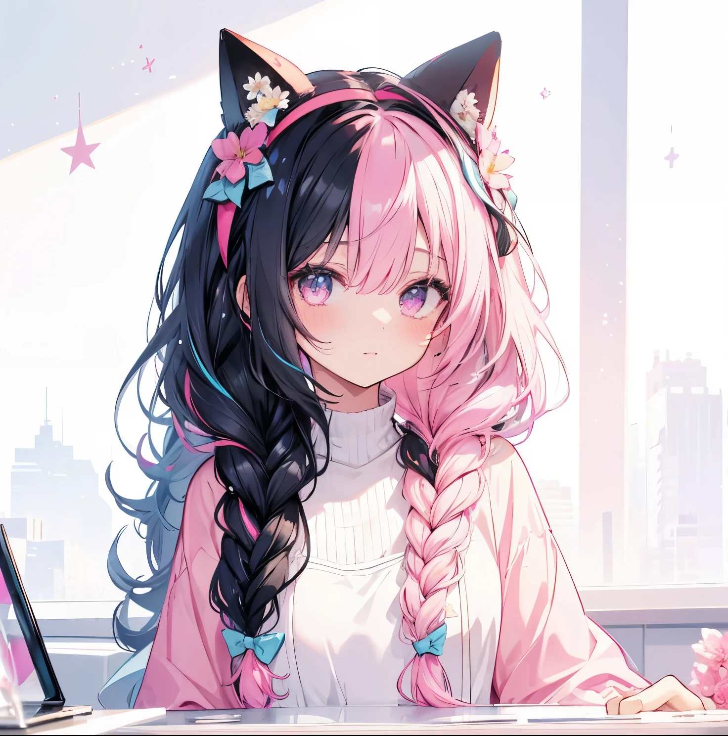 1girl, ((best quality high resolution)), a pink hair braid with a dark color on top and pink on the bottom with black and white designs along the top. a headband with stars on it also sits on top of this hair style, flower, braid, star (symbol), black hair, split-color hair, pink hair, star hair ornament, long hair, 1girl, twin braids, multicolored hair